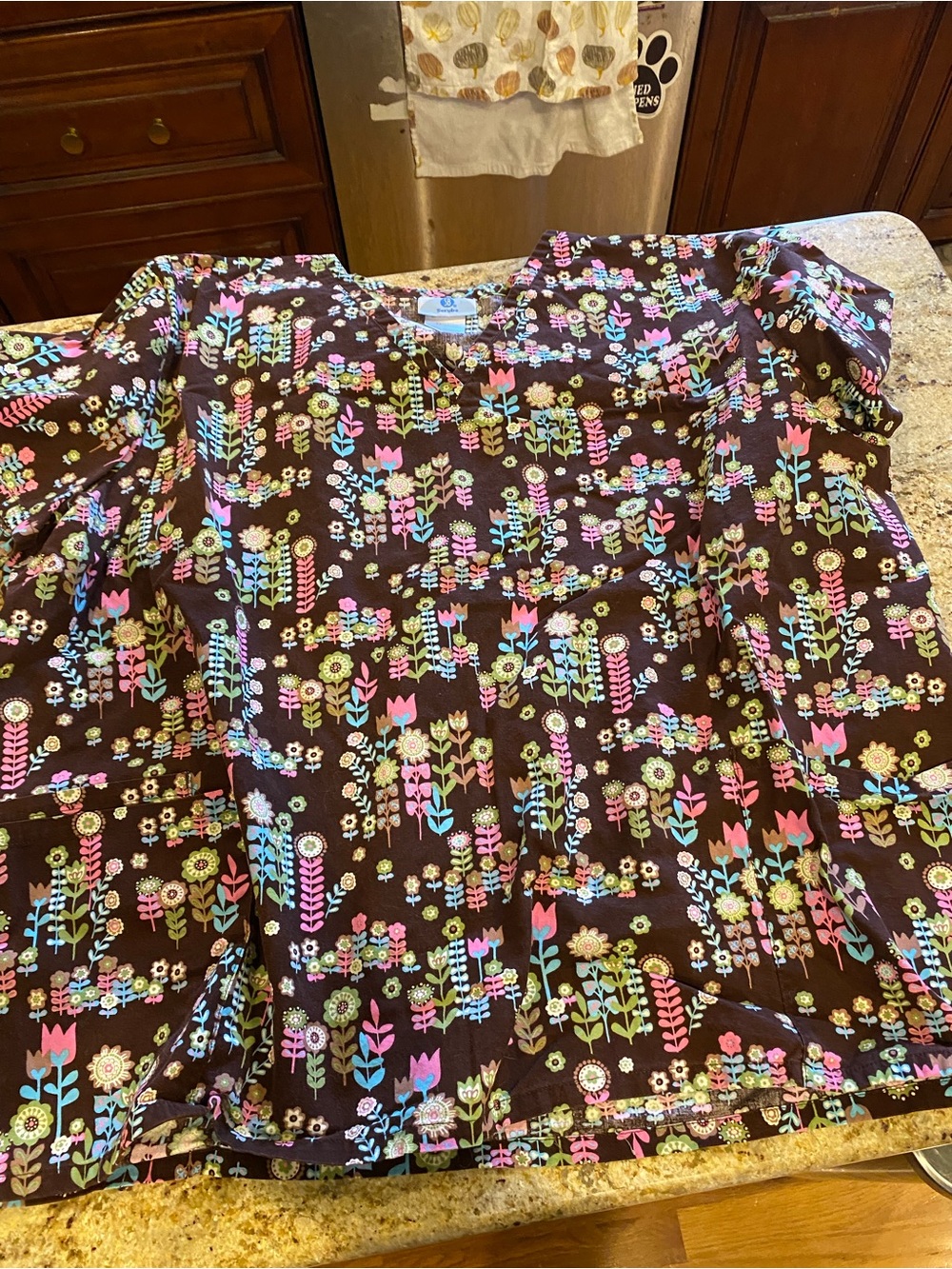 Brown floral print scrub top 3X